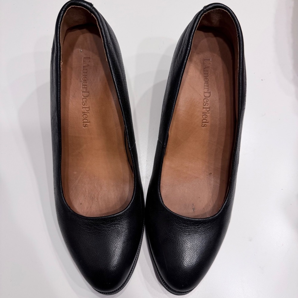 L'Amour Des Pieds Jolanda Black Leather Block Heel Pumps Womens 8M Almond Toe